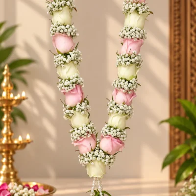 pink white rose mala