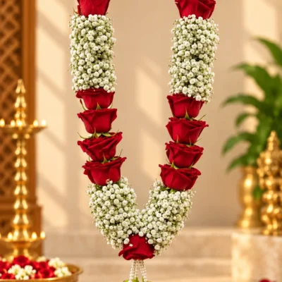 red rose babys breath mala